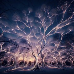 Thin glowing threads of light weaving between bare winter trees