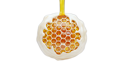 Honey pouring over honeycomb in a white cream context