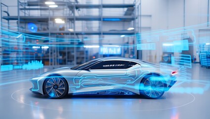 Futuristic electric vehicle technology concept showing AI-powered diagnostics interface, battery data analysis, and smart automotive maintenance system in modern auto repair garage background.