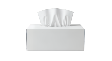 A single tissue pulled out from a realistic tissue box with soft paper texture on a bright clean surface, isolated on transparent background