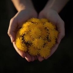 Hands holding yellow dandelions