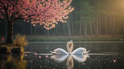 Two Swans Form Heart Shape Amidst Cherry Blossoms And Soft Sunlight