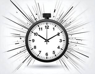 Black clock face exploding with motion lines against a light gray background