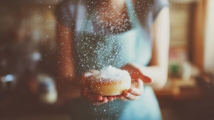 Woman sifting powdered sugar onto a pastry indoor daylight food preparation concept