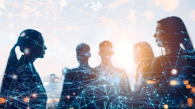 business team with abstract digital network overlay, AI powered collaboration, clean white background, stock photography - Powered by Adobe