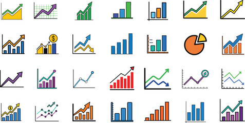 Collection of colorful graph and chart icons