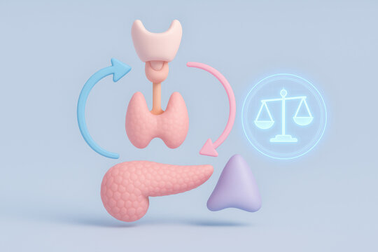 Endocrine system organ illustration with thyroid, pancreas, and adrenal gland. hologram balance chart and pastel arrows show hormone flow regulation for calm medical concept