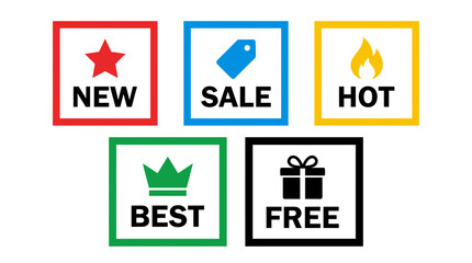 Assorted promotional labels and badges showcasing sale, new, and hot products in a clean layout