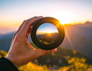 Hand holding lens framing a vibrant sunset over mountains