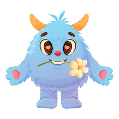 fluffy blue monster holding yellow flower, soft fur with heart shaped paw pads, tiny curved horns, large