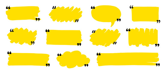 Naklejka premium Text box frame set with quotation mark. Hand drawn marker brush stroke text speech message frame background. Quotation mark dialog speech, square, chat banner design template. Vector illustration
