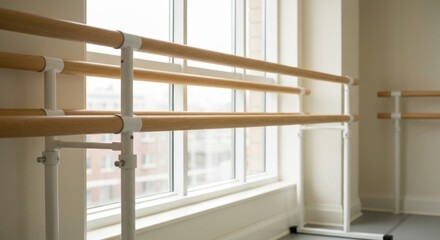 Ballet studio with wooden bars, a large window, and minimalist design