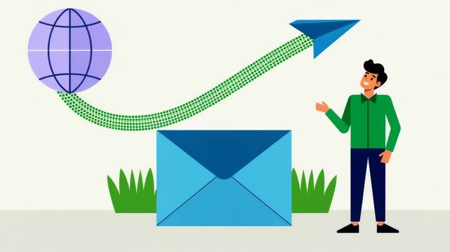 Man sending digital email with binary paper plane flying from globe representing global communication