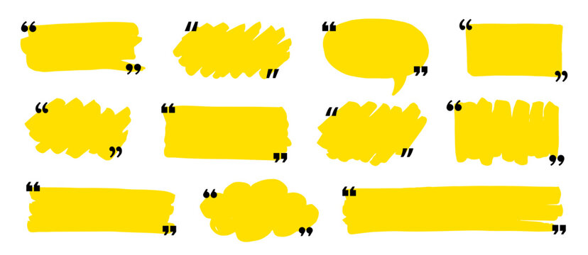 Text box frame set with quotation mark. Hand drawn marker brush stroke text speech message frame background. Quotation mark dialog speech, square, chat banner design template. Vector illustration