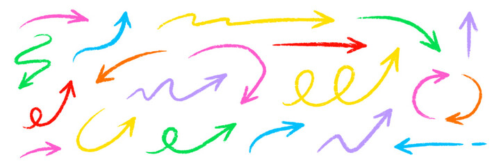 Arrow color crayon pencil line set. Hand drawn doodle crayon chalk texture brush stroke color curve, wave arrow. Line chalk texture sketch pencil direction element collection. Vector illustration