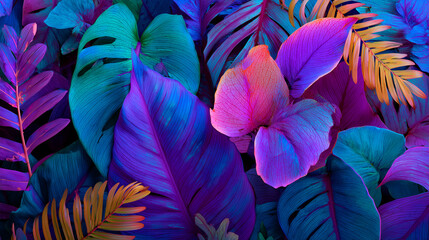 Fluorescent Tropical Leaves in Neon Color Harmony