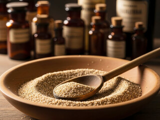 Natural Herbal Granules in Wooden Bowl with Vintage Bottles blurred at background