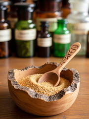 Natural Herbal Granules in Wooden Bowl with Vintage Bottles blurred at background