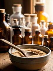 Natural Herbal Granules in Wooden Bowl with Vintage Bottles blurred at background