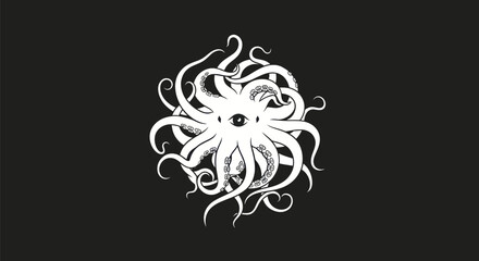 Monochromatic illustration of a stylized octopus with swirling tentacles. © Firman