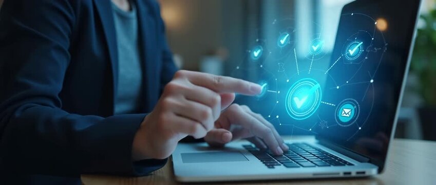Professional hand interacts with digital interface on laptop screen, icons gently pulse, slow camera pan in modern office setting, cinematic style, ideal for technology and innovation themes.