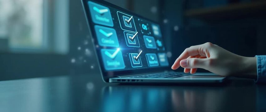 Hands typing on a laptop keyboard with code on screen; slow camera pan over the workspace; ambient light flickers softly; cinematic technology scene for productivity and innovation concepts.