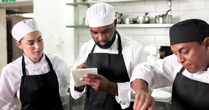 Cooking, teacher or people in restaurant with training, culinary knowledge or instruction in meal preparation. Hospitality, mentor or chef with lesson, cuisine process or dish guidance in kitchen