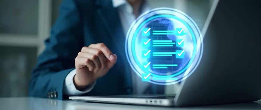 Business professional interacts with digital checklist interface; camera gently pans as ambient lights flicker in a modern, cinematic office setting, emphasizing technology and innovation.