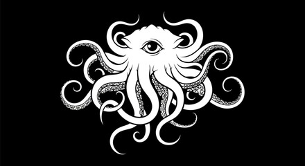Monochromatic Illustration of a Tentacled Creature with a Central Eye.