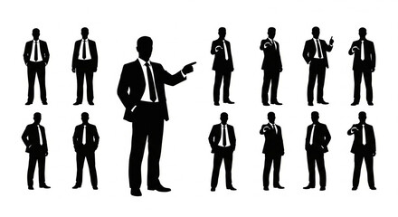 Collection of businessman silhouettes in various poses and gestures for corporate and professional concepts
