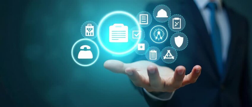 Businessman's hand presents floating digital icons with financial symbols, gentle ambient lights flicker, while the camera executes a slow pan, cinematic and sleek.