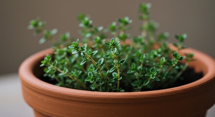 Lush Thyme Plant in Terracotta Pot, Close-Up, Natural Light, Fresh Herbs.