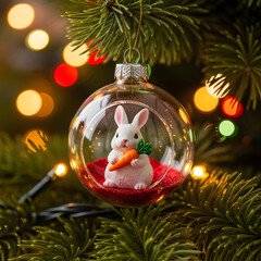Holiday Ornament Featuring Cute Bunny in Festive Tree