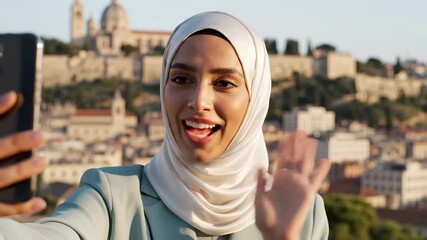 Woman in hijab vlogging with a smartphone overlooking a historic European city