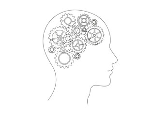 Illustration of a human head filled with gears representing the concept of thinking and creativity