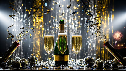 Champagne celebration with confetti and festive lights, perfect for New Year's Eve or a special occasion