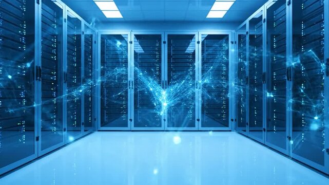 A futuristic data center with servers connected by a glowing blue neural network