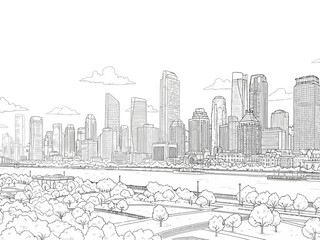 Obraz premium Skyline of a modern city with tall buildings and a river in the foreground