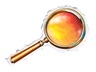 Illustration of magnifying glass with golden fruit on transparent background
