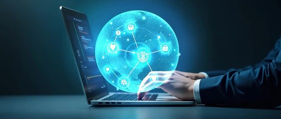 Businessman holds a laptop with glowing digital security icons hovering around, as the camera slowly pans, creating a cinematic focus on cybersecurity technology and innovation. - Powered by Adobe