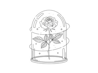 Elegant floral illustration with a single rose and leaves in a decorative glass dome
