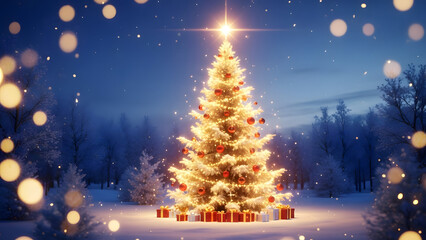 Festive Outdoor Christmas Tree with Warm Golden Lights