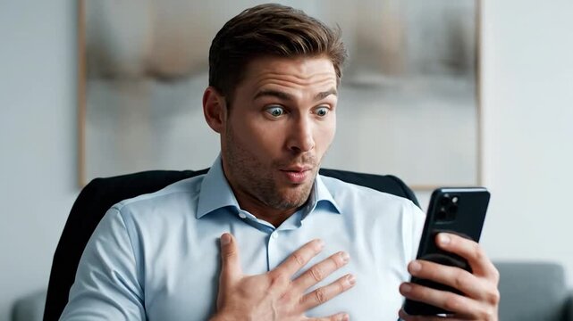 A stunned businessman in a light blue shirt stares at his phone, eyes wide open