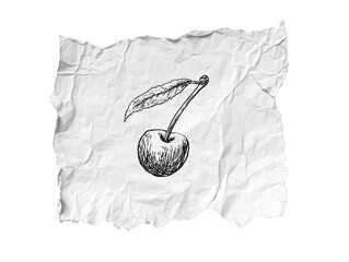 Cherry Sketch on Wrinkled Paper Texture on a Transparent Background