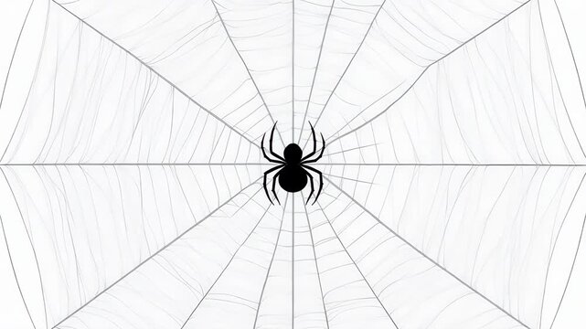 A silhouetted spider on a symmetrical, gossamer web, white background