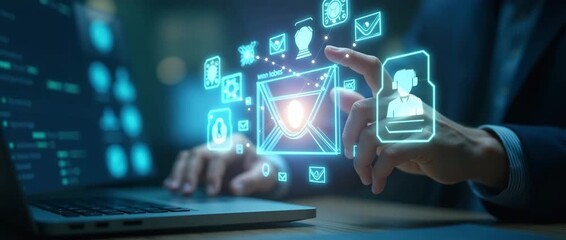 Business professional interacts with glowing digital interface in a cinematic scene; camera slowly pans as icons illuminate, symbolizing network connectivity and innovation. - Powered by Adobe