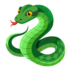Fototapeta premium Vibrant green cartoon snake with yellow eyes and red tongue on transparent background