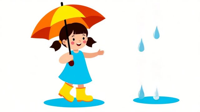 Cute Cartoon Girl Walking in Rain with Umbrella and Yellow Boots Animation
