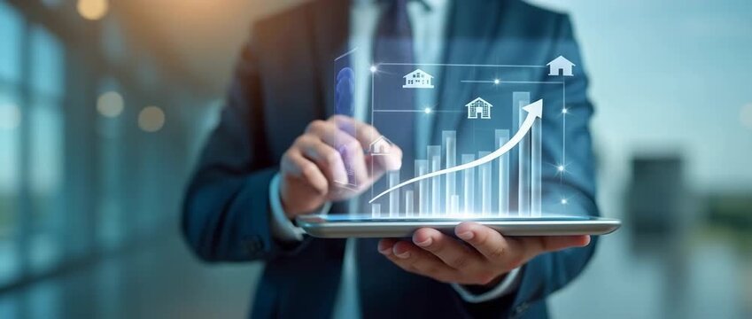 Business professional holds digital tablet with glowing house holograms, hands gesture subtly; camera pans slowly in cinematic style, ambient light flickers gently in modern workspace.