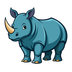 Fototapeta premium Cartoon blue rhinoceros with big horn and cute expression on transparent background